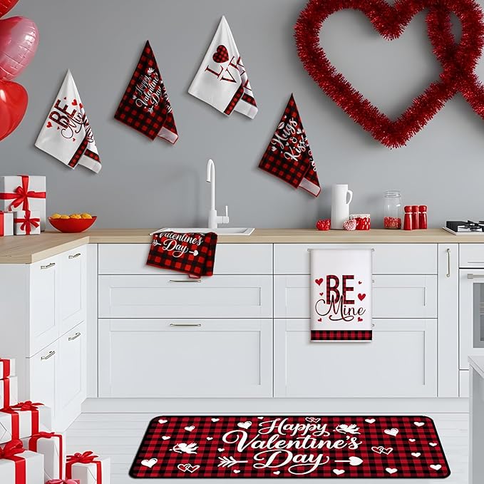 VitalCozy 10 Pcs Valentine's Day Buffalo Plaid Kitchen Decor Set Oven Mitts and Pot Holders Heart Kitchen Towels and Rugs for Chef Baking Cooking Grilling BBQ Gift