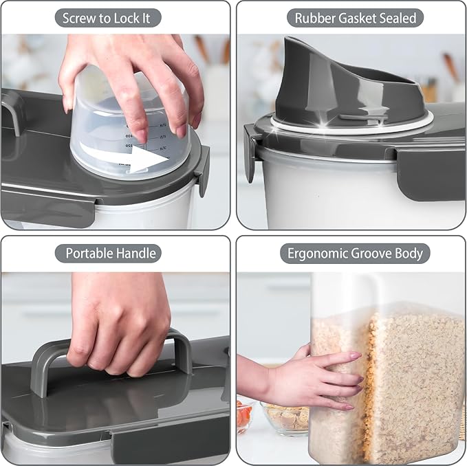 Komzon Rice Storage Containers, Airtight Cereal Containers Storage, BPA Free Rice dispenser for Flour, Pasta, Grain and Baking, Pet Dog Cat Bird Food Container 20lb+ 10lb Grey
