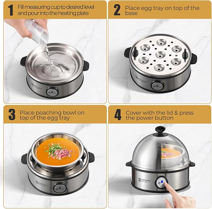Annie & Mia Design Electric Egg Cooker, All Stainless Steel 7 Egg Capacity egg boiler, 360W, Hard, Medium, Soft Boiled Egg Poacher, egg steamer, Multi-function, Auto Shut-Off Function, BPA-free