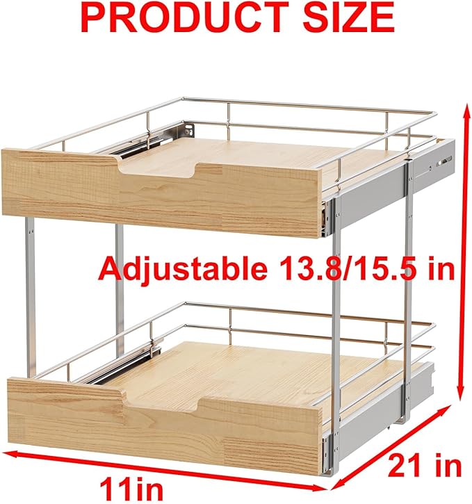 Sikarou Pull Out Cabinet Organizer,Heavy-Duty Slide Out Shelf, Wood and Wire Basket, Pull Out Drawer for for Kitchen Under Sink Space, Pantry, Bathroom, 2 Tie 11 * 21 in