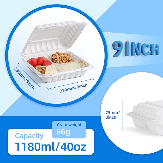 YANGRUI Food Containers 9" 40 oz 100 Pack - Mineral Filled BPA Free Polypropylene Plastic | Shrink Sealed | Reusable Dishwasher Freezer & Microwave Safe | Stackable Design 3 Compartment Takeout Boxes