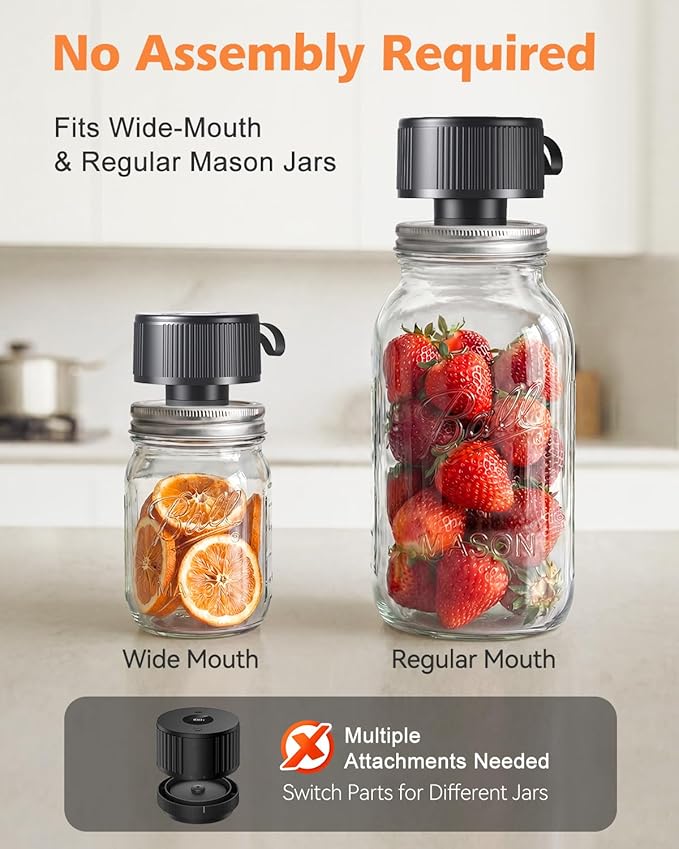 Electric Mason Jar Vacuum Sealer, [2026 Upgraded] One-Piece Handheld Vacuum Sealer Kit for Wide & Regular Mouth Jars, Portable Cordless Sealer for Food Storage, Homesteading & Meal Prep