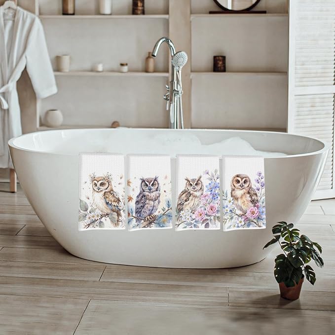 4 Pcs Watercolor Owl Kitchen Towels, Artistic Floral Decorative Absorbent Microfiber Dish Cloth Tea Towel, Pastoral Waffle Soft Hand Towels for Farmhouse Home Bathroom Decor, Owl Gifts for Women