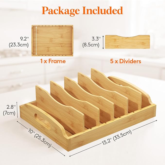 Lifewit Bamboo Lid Organizers for Inside Cabinet, Food Storage Container Lid Holder with 5 adjustable Inserts & 6 Sections, Kitchen Pantry organizer and storage, Large, 13.2" x 10"/34 x 25cm