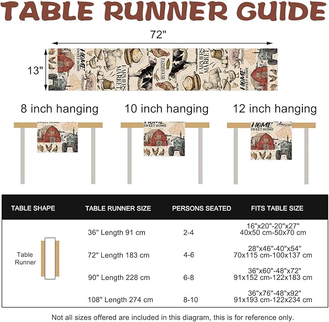 Farm Animals Dining Table Runner, Farmhouse Country Cow Lamb Pig Chicken Duck Barn Tractor Burlap Kitchen Decoration, Farmer Market Indoor Outdoor Sweet Home Decor Party Supply 13 x 72 Inches