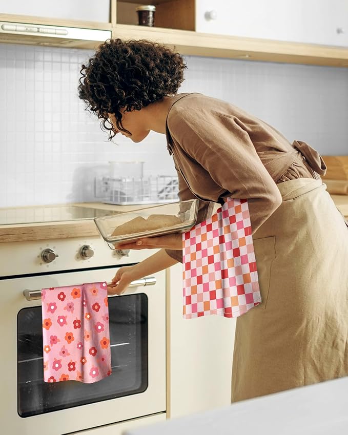 Miss Adola 2 Pack Flour Sack Kitchen Towels - 16x26 Inch Cotton Dish Towels with Hanging Loop Reusable Geometric Boho Modern Retro Tea Towel Absorbent Dishcloths Home Decor, PK Checkered Flower