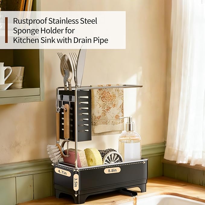 MOUKABAL Sponge Holder for Kitchen Sink, 2-Tier Sink Caddy Organizer with Drain Holes and Hooks, Holds Dishcloth, Sponge & Brushes, Kitchen Countertop Storage for New Home Essentials Black