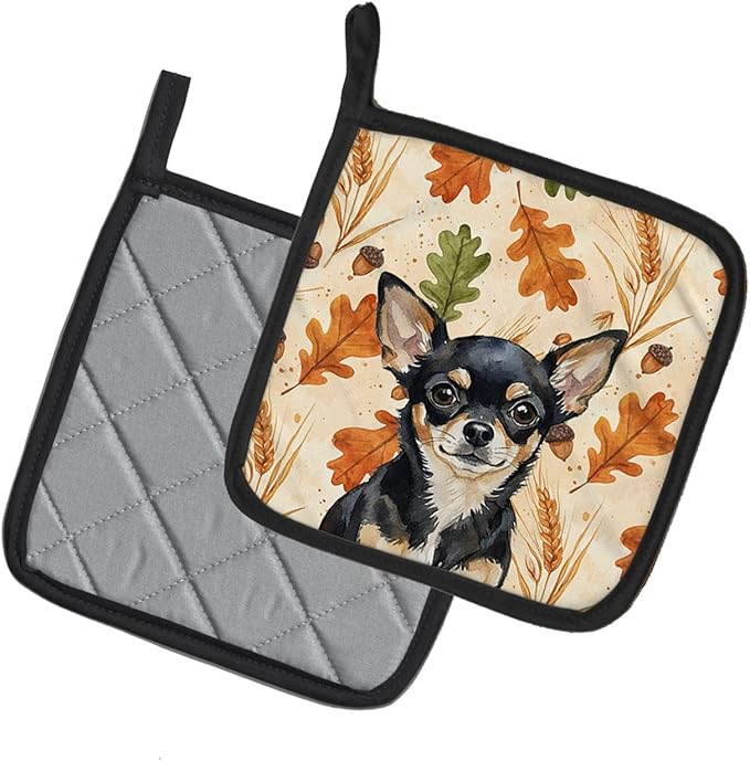 Caroline's Treasures Black and Tan Chihuahua Heirloom Fall Pair of Pot Holders Pair 7.5x7.5 Quilted Insulated Hot Pads Decorative Kitchen Gift Made in USA