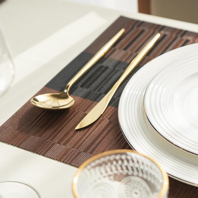 Placemats Set of 8 Vinyl/Plastic Woven Place Mats for Kitchen Table Indoor/Outdoor Washable Placemat Wipeable Dining Table Mats (Ombre Brown Black,8)