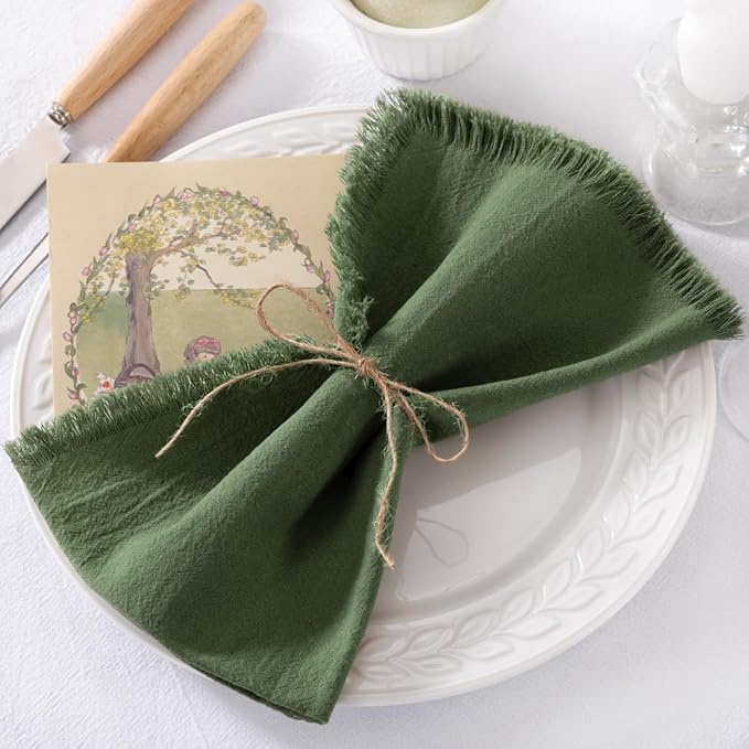 DeZerlor 6 Pack Olive Green Cotton Linen Napkins with Fringe Green Cloth Napkins Set of 6 Boho Handmade Dinner Table Napkins for Wedding Bridal Baby Shower Tea Party, 17 x 17 Inches