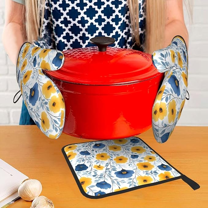 Yellow Blue Floral Oven Mitts & Pot Holders Sets of 3, Boho Blue and Yellow Flowers Heat Resistant Kitchen Hot Pads and Mitts for Cooking Baking Grilling, Gift for Floral - Loving Women, Home Decor