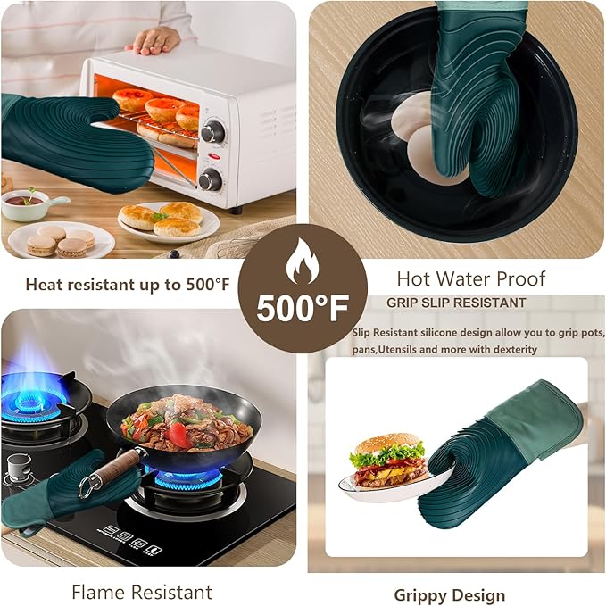Silicone Oven Mitts-13.6 in Extended Oven Mitts Heat Resistant 500F, Oven Gloves with Soft Liner Good Grippy BPA-Free Easy to Clean Flexible-Oven Mits Set for Cooking Baking Grilling BBQ