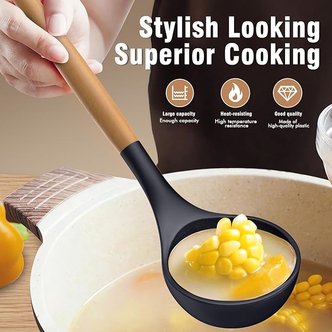 Silicone Cooking Utensils Set - AVGPD Silicone Kitchen Utensils for Cooking Wooden Handles, 446°F Heat Resistant Kitchen Utensil Spatula Sets, Gadgets for Non-Stick Cookware BPA FREE (Navy Blue)