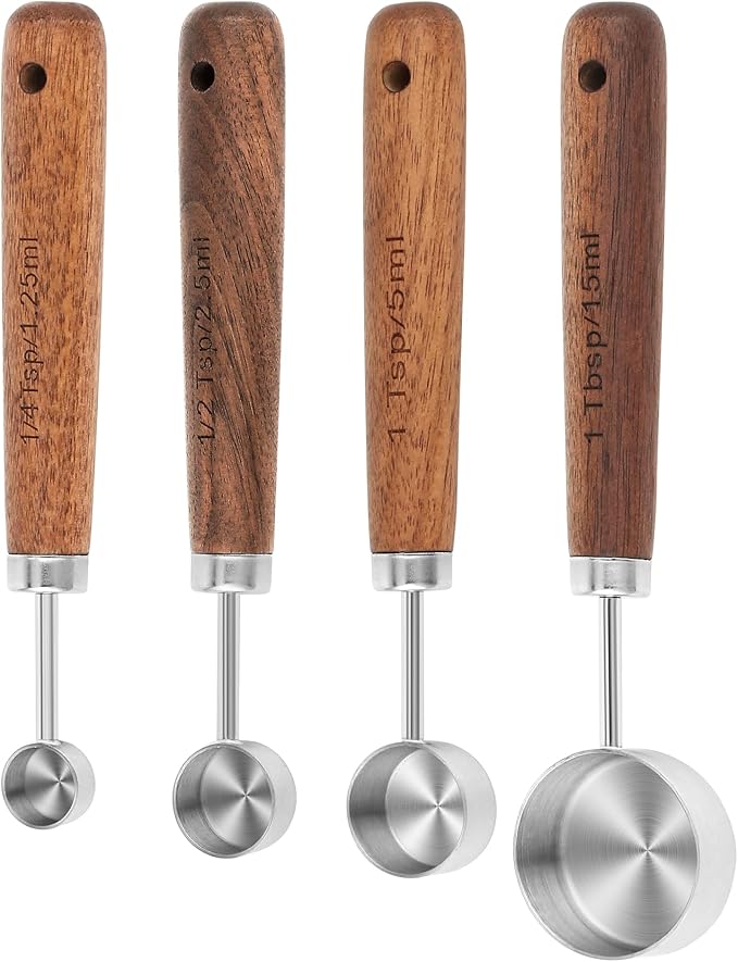 Smithcraft Measuring Cups and Spoons Set 8, 18/8 Stainless Steel Measuring Cups and Spoons Set for Baking and Kitchen, Metric & US Metal Measure Cup & Spoon with Wood Handle for Dry & Liquid