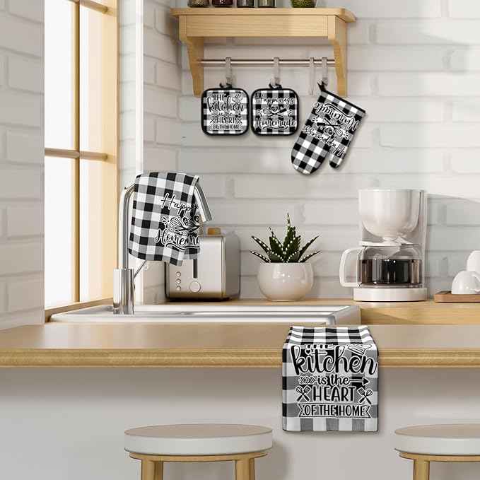 Sratte 6 Pcs Kitchen Decor Accessories Set Farmhouse Towels Pot Holders Oven Mitts Set 2 Dish Towels 2 Potholders 2 Cooking Mittens Oven Glove for Christmas Baking Cooking Supply(Black White,Kitchen)
