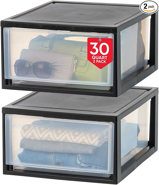 IRIS USA 30 Qt. Plastic Drawer Storage Organizer Stacking Drawers, 2-Pack, Stackable Unit with Sliding Drawer for Clothes Bedroom Kitchen Under Sink Pantry Craft Room Bathroom Dorm Office, Black