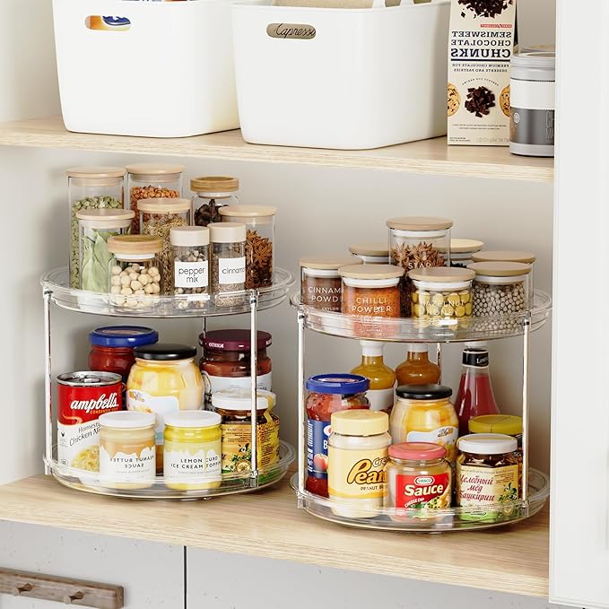 2 Tier Lazy Susan Organizer, 9.25'' Lazy Susan Turntable for Cabinet, Stackable Turntable Organizer Rotating Spice Rack Organization for Kitchen Countertop, Pantry, Bathroom, Clear