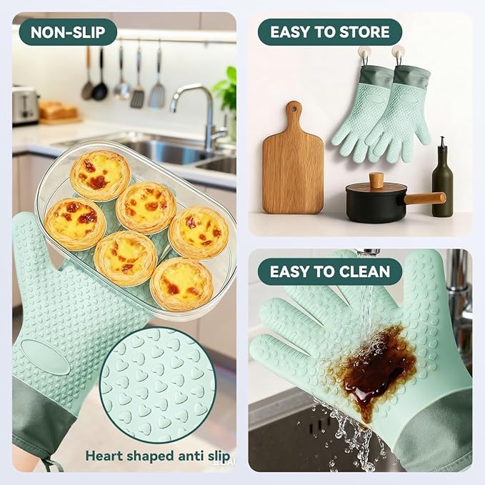 Silicone Oven Mitts Heat Resistant 450°F - Waterproof Non-Slip Kitchen Gloves with Cotton Lining, Flexible Oven Mitts for Cooking, Baking, Grilling & BBQ (Set of 2)