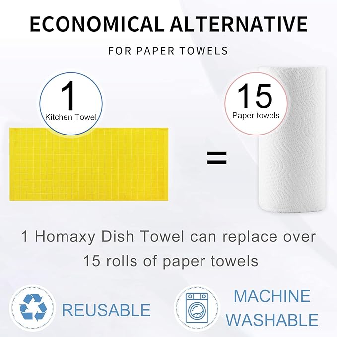 Homaxy 100% Cotton Terry Kitchen Towels(Yellow, 13 x 28 inches), Checkered Designed, Soft and Super Absorbent Dish Towels, 4 Pack