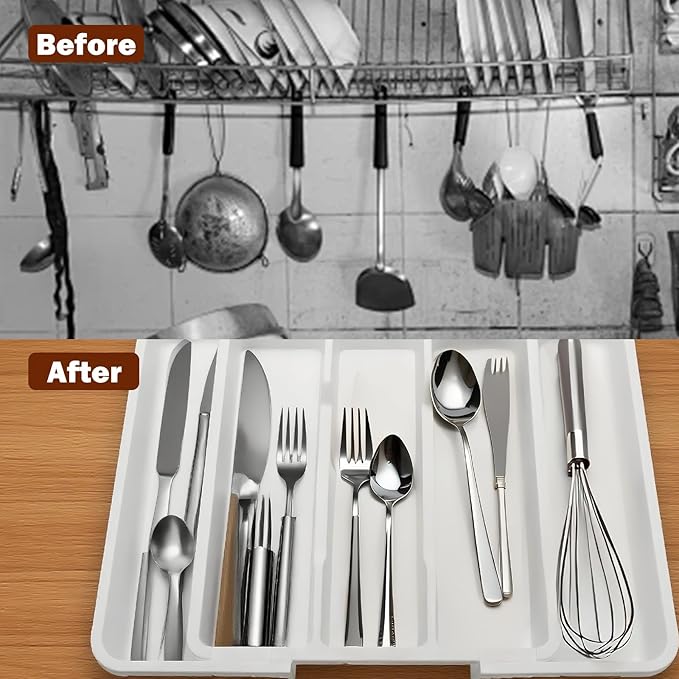Premium Silverware Drawer Organizer & Cutlery Tray - Expandable Utensil Holder for Kitchen Drawers, Flatware Organizer with Adjustable Sections for Spoons, Forks, Knives (White)