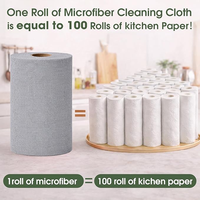 Microfiber Cleaning Cloth Roll - 100 Pack Tear Away Microfiber Paper Towels, Reusable, Washable, Scratch-Free, Kitchen Towels for Car, Home, Kitchen, Glass, Dishes(Cloud Gray)
