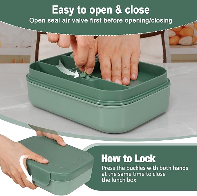 Caperci Stackable Bento Lunch Box for Adult & Teens - Reinforced Leak-Proof Lunch Container 4-Compartment with Utensils & Sauce Container, BPA-Free, Dishwasher/Microwave Safe, 47oz (Khaki Green)