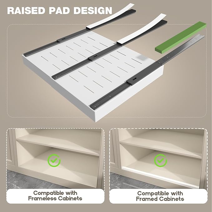 Seinloes 1 Pack Pull Out Cabinet Organizer 21" Deep,Full Extension 3 Slide Rails Slide Out Drawers With Raising Pad for Framed Cabinets,Expandable Width (15.4"-26.2"),No Drill Roll Out Shelves,White