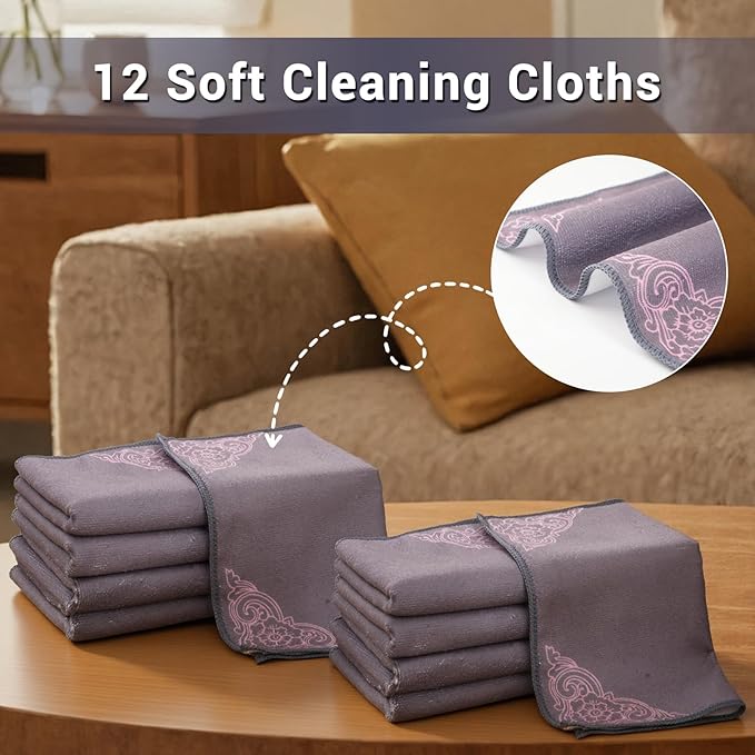 YUA Microfiber Cleaning Cloth 12 Pack,Microfiber Towels Cleaning,Microfiber Towels for Cars,Absorbent Dish Washing Cloth,Reusable Cleaning Cloths Lint Free (Gray Corner Flower)