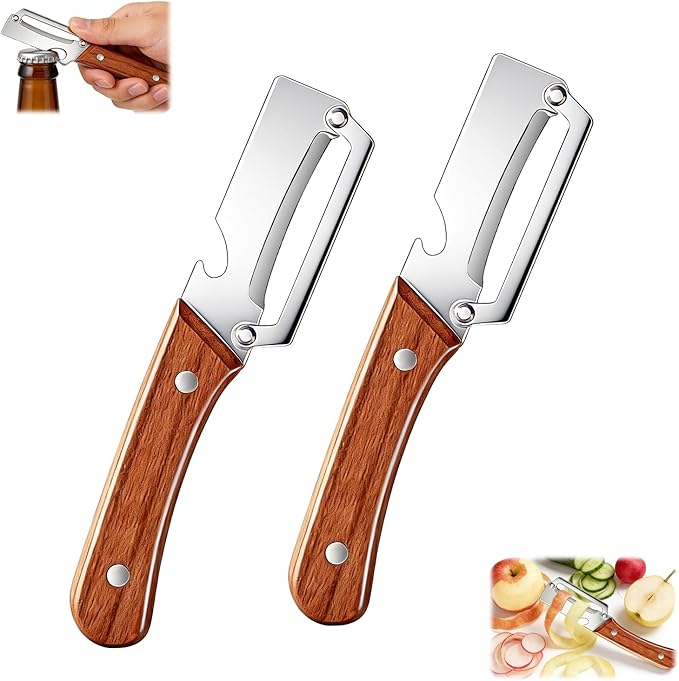 Multi-Functional Vegetable Peeler for Kitchen, With Wooden Handle and Bottle Opener, Comfortable and non-slip handle Stainless Steel Blade Easy to Clean for Fruit Potato Pumpkin Papaya (2 PCS)