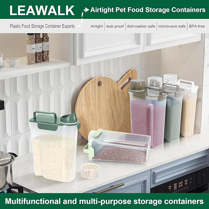 LEAWALK 5-7Lbs Cat Dog Storage Container, Portable Pet Food Containers with Upgraded Large Spout and Cup, Small Animal Kibble Dispenser for Bird Seed, Oatmeal, Rice, Flour, Brown Sugart-Dark Green