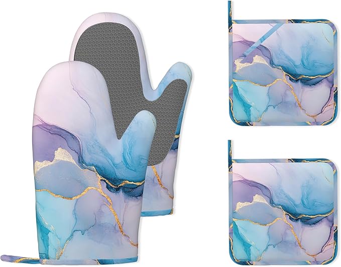 Golden Marble Pink Purple Blue Heat-Resistant Silicone Oven Mitts and Pot Holders,Long Oven Gloves with Non-Slip Grip for Cooking, Baking, Grilling,BBQ