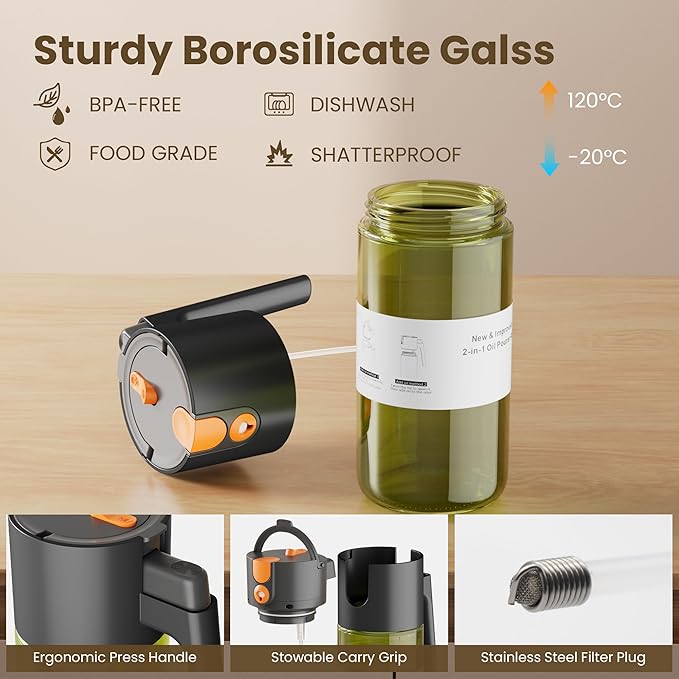 LUKUMIQI 2 in 1 Oil Sprayer for Cooking, 17oz Light-Blocking Glass Spray Bottle with Stickers, Oil Dispenser for Salad, Air Fryer & BBQ