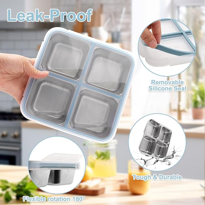 3 Pack Stainless Steel Bento Lunch Box, 4 Compartment Snack Containers, Divided Meal Prep Lunch Containers, Food Storage Containers For Work and Travel