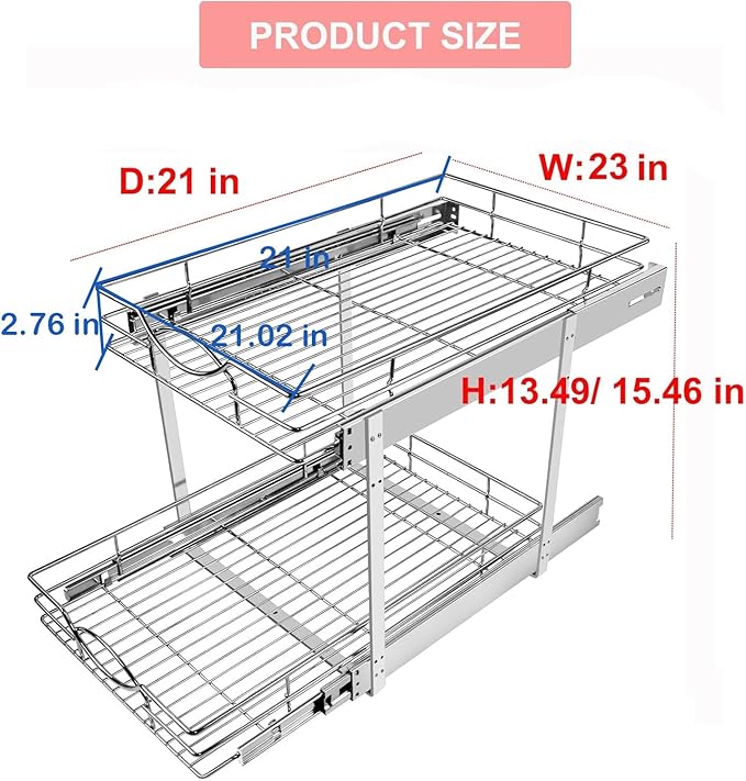 Sikarou Pull Out Cabinet Organizer 23" W x 21" D 2-Tier Individual Slide Out Drawer Pantry Shelf Storage for Kitchen Base Cabinet Organization for Kitchen, Bathroom, Pantry, Chrome