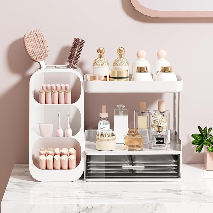 Makeup Organizer for Vanity with Brush Holder, 2 Tiers Countertop Skincare, Cologne Organizer and Perfume Stand for Men Bathroom Vanity, Large Capacity Makeup Storage, Black