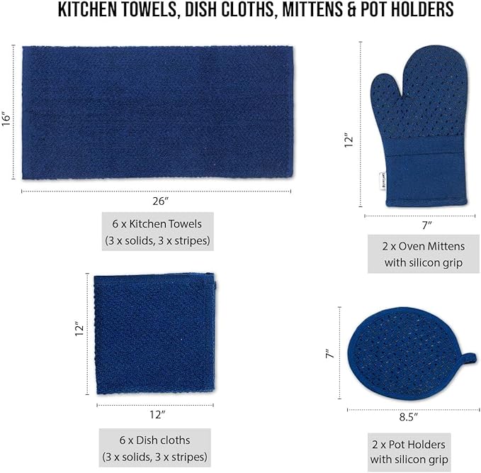 Lane Linen Tea Towels for Kitchen - 16 Pc Kitchen Towel Set with Silicone Oven Mitts and Pot Holders Sets, Cotton Kitchen Towels, Absorbent Dish Towels, Hand Towels for Kitchen - Indigo