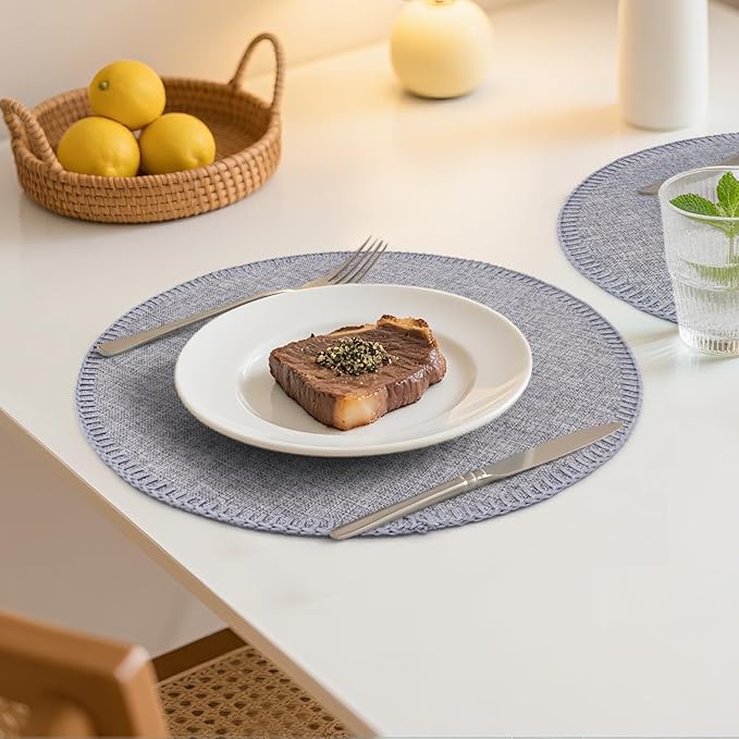 Round Placemats Set of 6, 15 Inch Linen Fabric Table Placemats, Heat Resistant, Wrinkle Free Washable Placemats Kitchen Place Mats Set of 6 for Dining Table Party Table (Light Grey, 6)