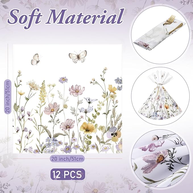 FuWeave Set of 12 Spring Wildflower Cloth Napkins Washable Decorative Dinner Cocktail Floral Napkins 20'' x 20'' Tea Party Decor for Spring Summer Bridal Shower Birthday Wedding Kitchen Supplies