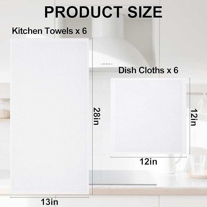 Homaxy 100% Cotton Kitchen Towels and Dishcloths Set, 12 x 12 Inches and 13 x 28 Inches, Set of 12 Bulk Kitchen Towels Set, Ultra Soft Absorbent Dish Cloths for Washing Dishes, White