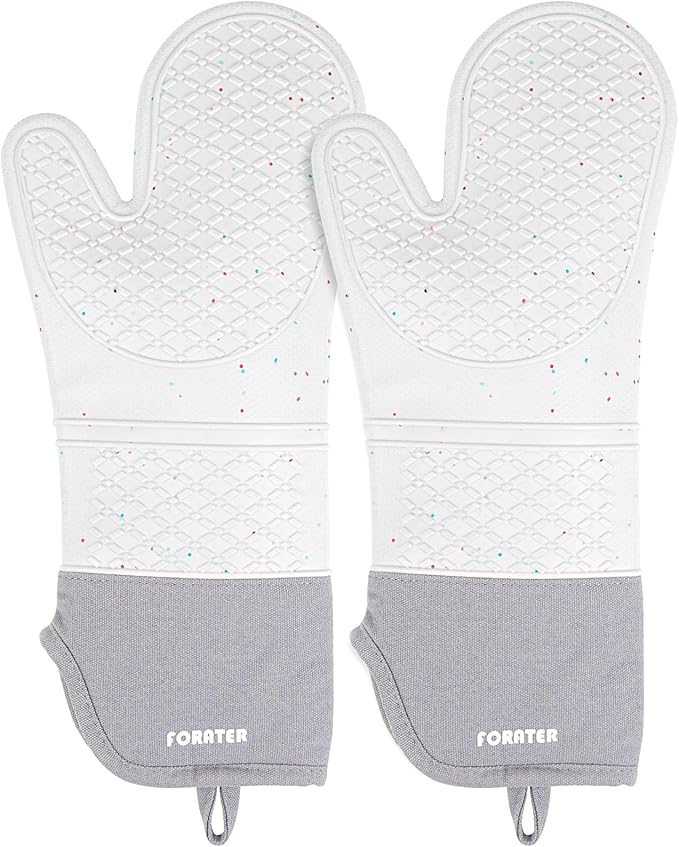 Extra Long Silicone Oven Mitts - Heat Resistant up to 500°F, 15'' Waterproof and Non-Slip Oven Gloves with Soft Quilted Liner - Perfect for BBQ, Cooking, Baking, and Grilling - 1 Pair, Light Grey