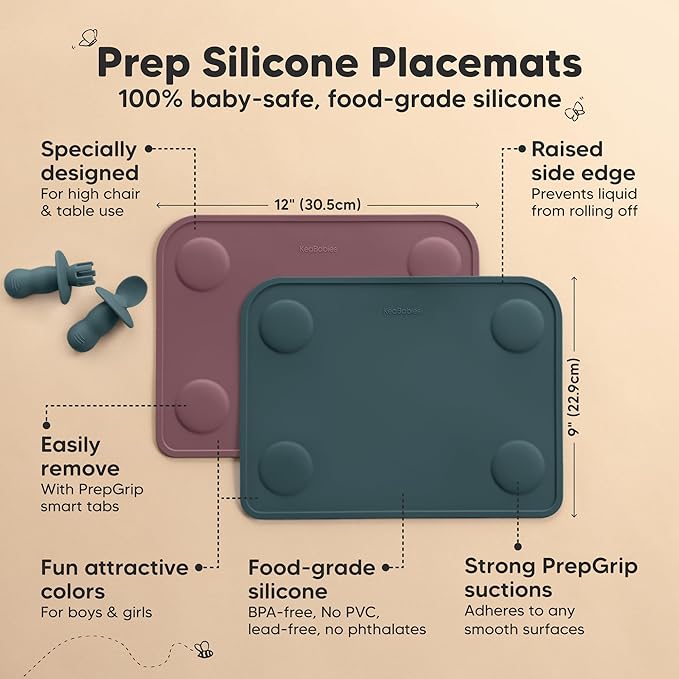 KeaBabies 2pk Silicone Placemats for Toddlers, Kids - 12x9 Non Slip Suction Baby Silicone Placemat for Restaurants, Dining Table,Travel, Easy to Clean, Food Grade/BPA-Free,Small Baby Table Mat(Rocky)