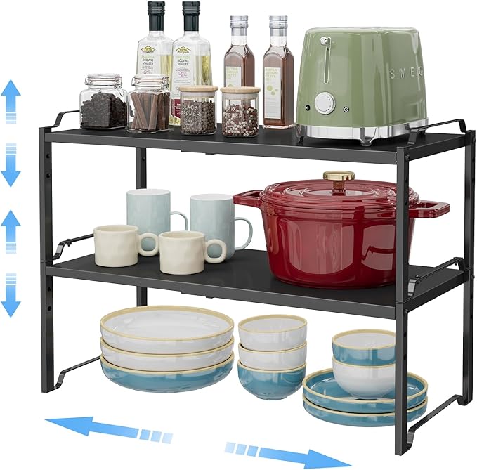 2 Pack 11” Width Expandable Kitchen Cabinet Organizer Shelves, Metal Kitchen Countertop Organizers and Storage Shelving, Heavy Duty Stackable Storage Rack Shelf For Pantry Cupboard Counter Tabletop