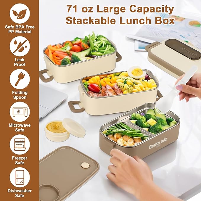 Suteng Triple-Layer Bento Box Adult All-in-One Design | 2.1L Stainless Steel Lunch Containers for Adults | Leakproof Microwave-Safe Food Container with Cutlery(Spoon) & Hidden Handle | Beige