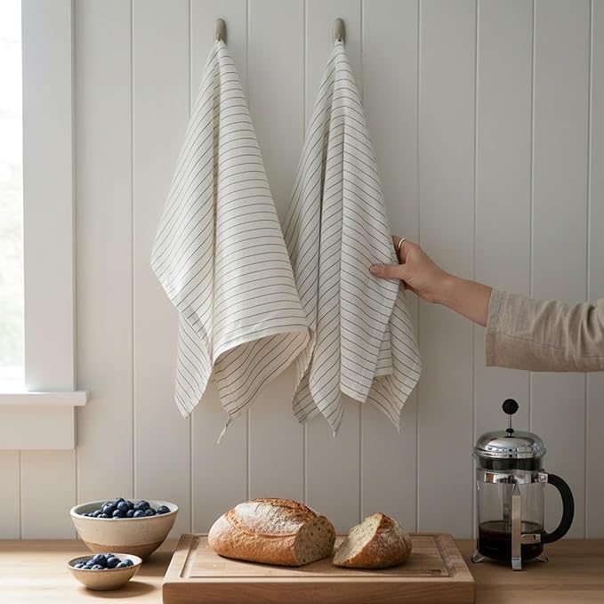 Eight Owls Stonewashed Linen Kitchen Dish Towels - 20 x 27 inch – 100% Pure Linen Tea Towel/Hand Towel - Set of 2 (Olive Pinstripe)