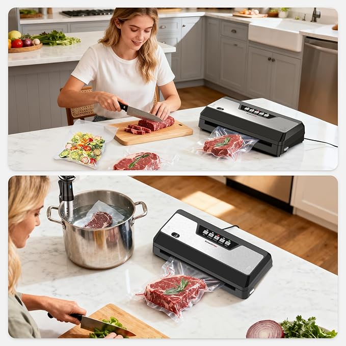 Bonsenkitchen Vacuum Sealer, Multi-Functional Food Sealer with 1 Roll Bag+ 5 Bags, Fast-Compact Design | Bag Storage | Built-in Cutter, External Vacuum System & Accessory Tube, Silver