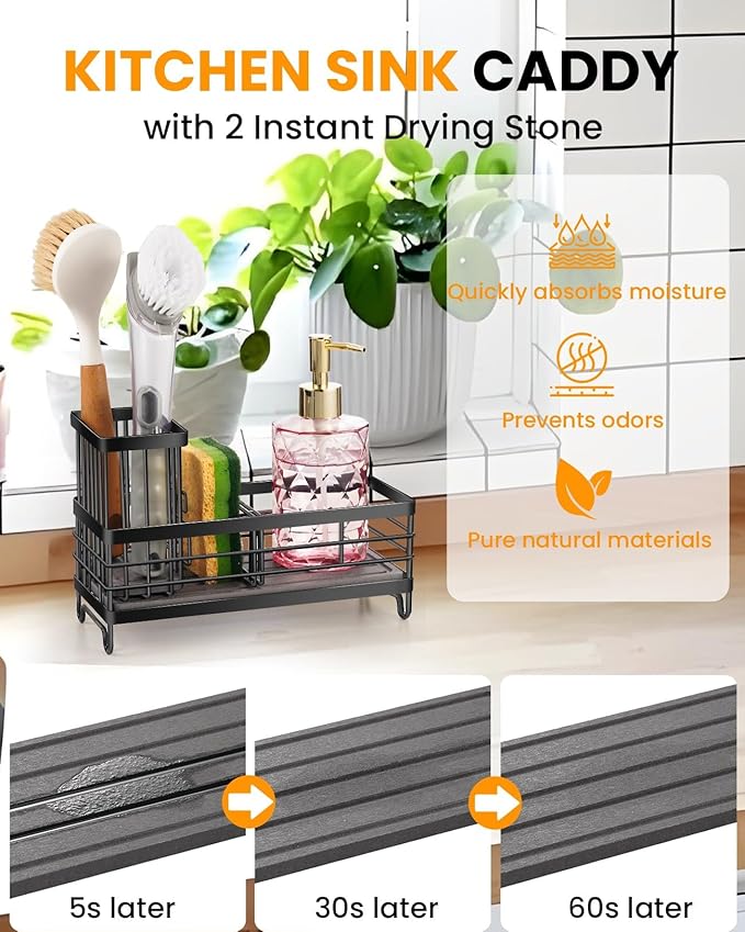 ARTLEO Kitchen Sink Caddy with Water Absorbent Diatomite Stone Sink Tray, Fast Drying Sink Organizer with High Dish Brush Holder Sponge Holder for Kitchen Sink, Stainless Steel