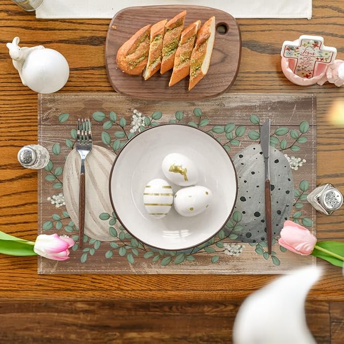 Artoid Mode Wood Eucalyptus Eggs Easter Placemats Set of 4, 12x18 Inch Spring Seasonal Table Mats for Party Kitchen Dining Decoration