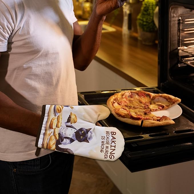 Funny Baking Cat Oven Mitts and Pot Holders（Set of 2）Baking Because Murder is Wrong Baker Mitts for Kitchen Decor Silicone Non-Slip Oven Mitts Cat Lover Gift Birthday Gift for Friend Chef