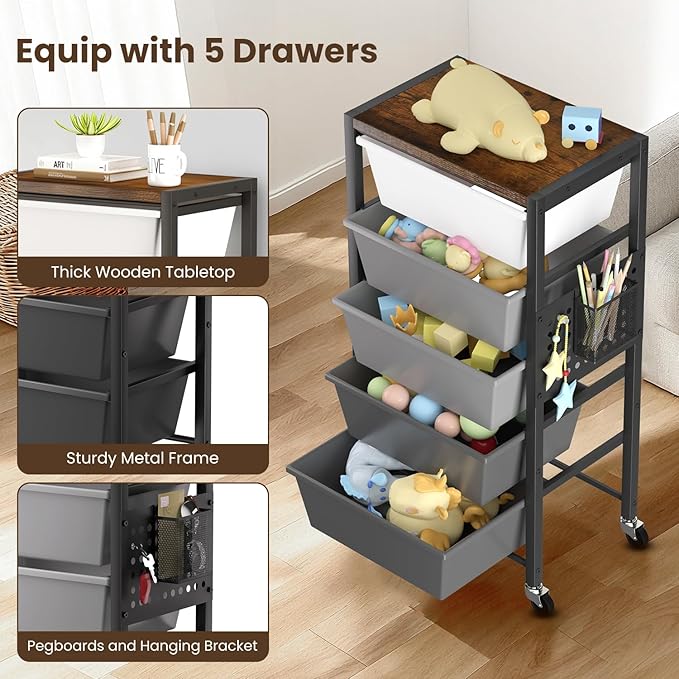 Rolling Cart with 5 Drawers, Plastic Drawer Storage Carts with Wheels & Wooden Tabletop, Metal Utility Cart with Pegboards, Office Living Room Classroom Craft Organization and Storage, Dark Grey