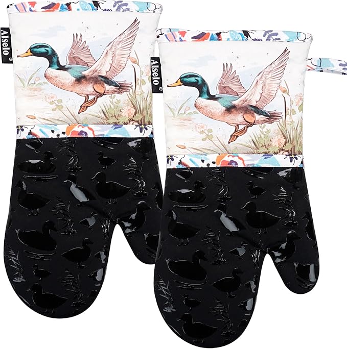 Alselo Oven Mitts, Heat Resistant with Soft Quilted Cotton Lining Set of 2, Fashion Duck Design with Silicone Printing Anti-Slip Kitchen Gloves for Safe Backing Cooking Barbecue (Darkgray, Duck)